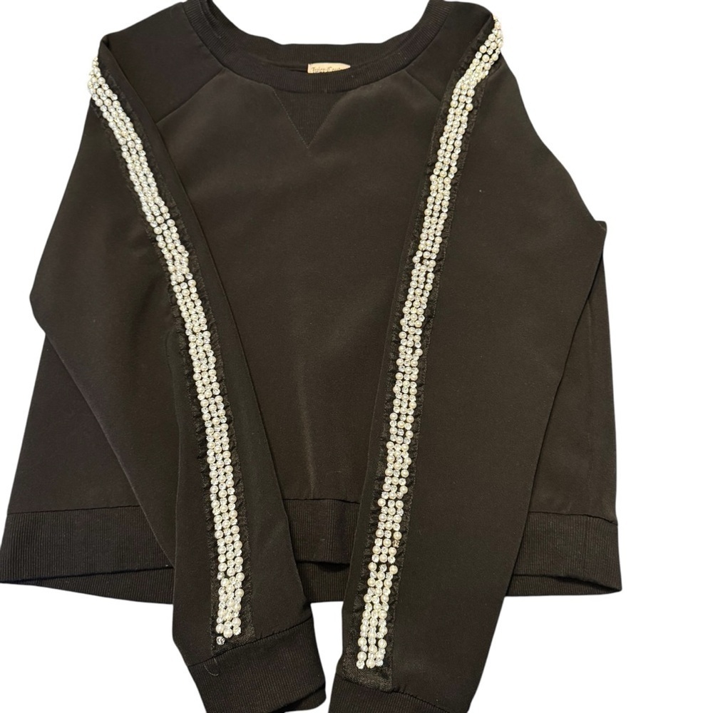 Juicy Couture Rhinestone & Faux Pearl Raglan sleeve Black Top Size M- Bling Y2K